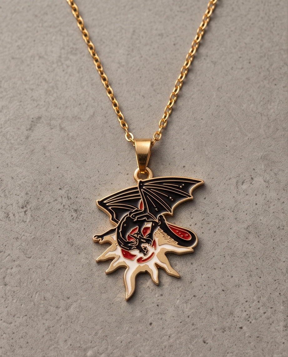 Gold Celestial Sun Dragon Enamel Pendant Necklace