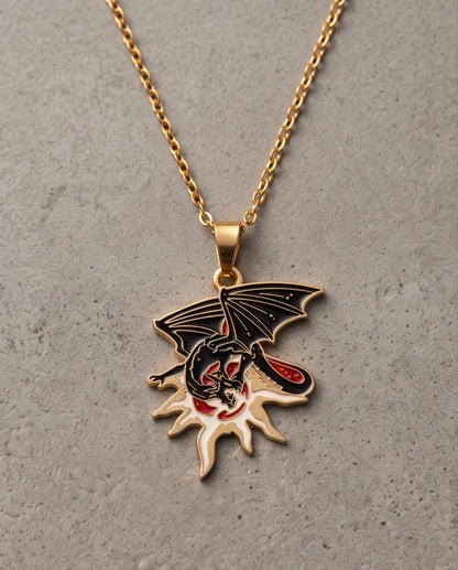 Gold Celestial Sun Dragon Enamel Pendant Necklace