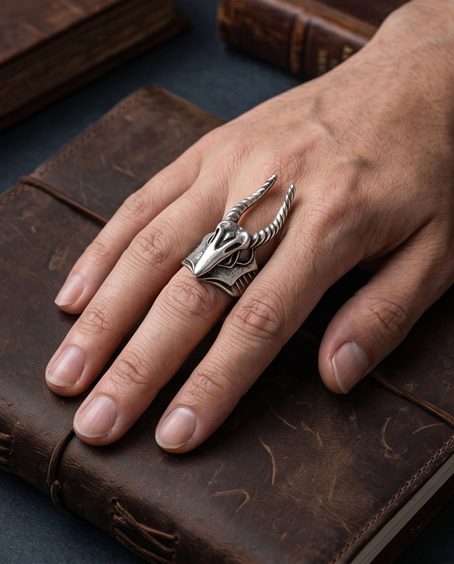 Oxidized Silver Horned Skull Sculpted Ring