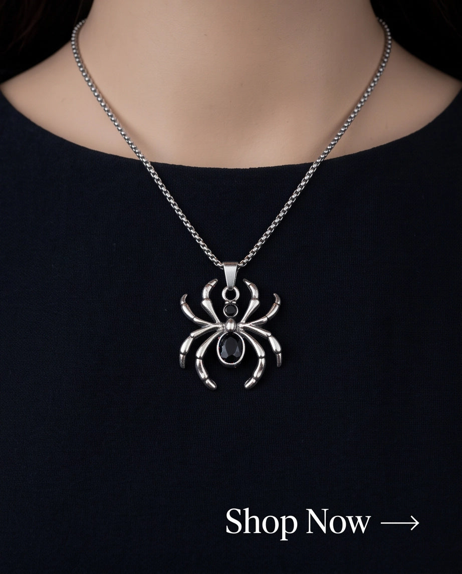 Silver Black Gemstone Spider Pendant Necklace