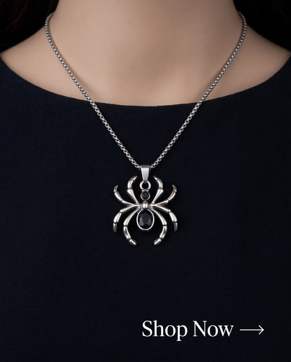 Silver Black Gemstone Spider Pendant Necklace