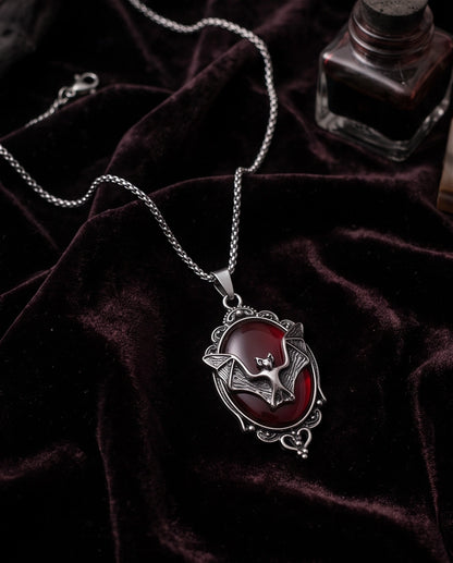 Antique Silver Gothic Bat Dark Red Enamel Medallion Chain Necklace