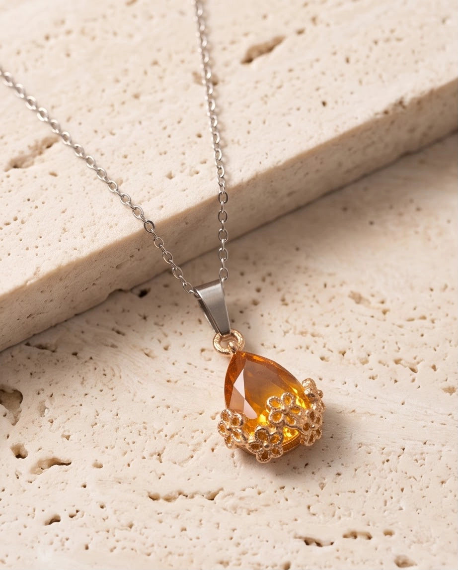 Gold Amber Teardrop Floral Basket Pendant Necklace