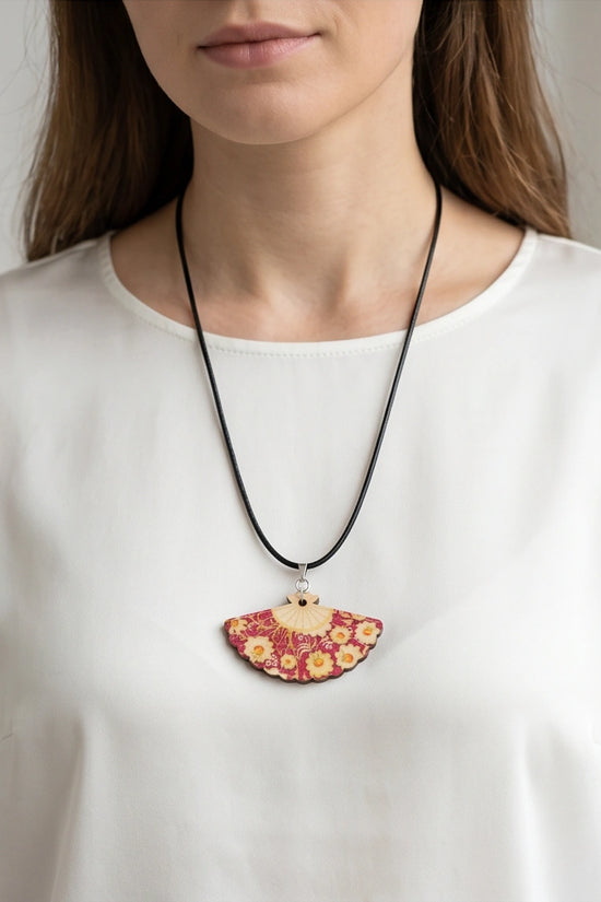 Vintage Burgundy & Gold Floral Hand-Fan Pendant Necklace