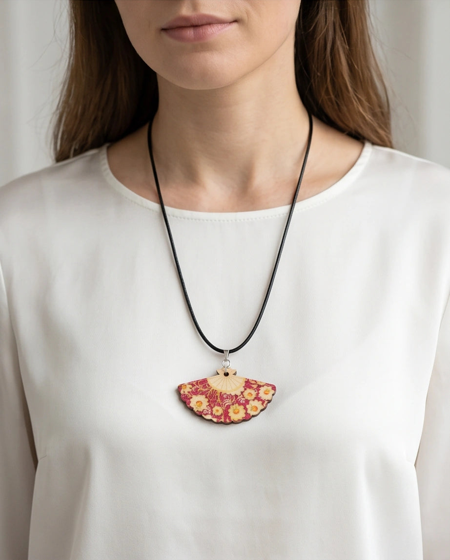Vintage Burgundy & Gold Floral Hand-Fan Pendant Necklace