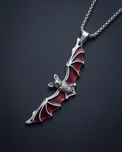 Silver Red Enamel Vampire Bat Pendant Necklace