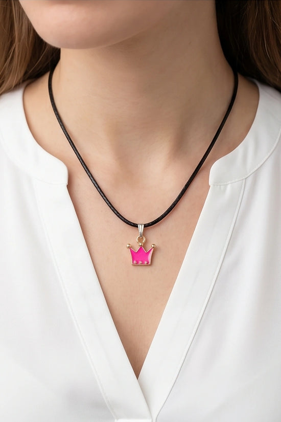 Gold and Pink Crown Pendant Necklace
