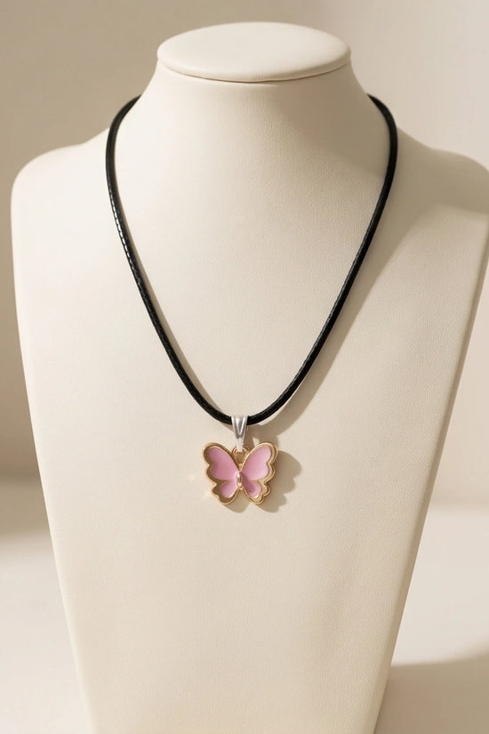 Pink Butterfly Enamel Pendant Necklace