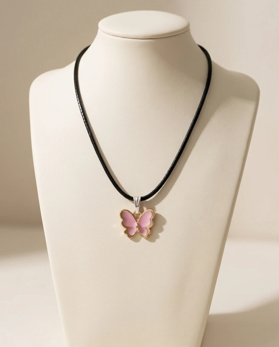 Pink Butterfly Enamel Pendant Necklace