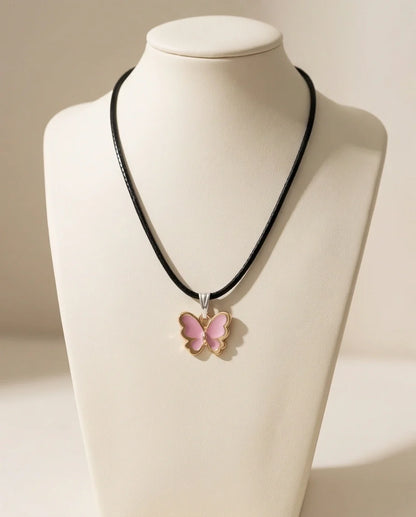 Pink Butterfly Enamel Pendant Necklace