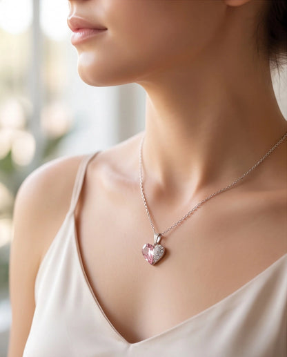 Silver Rose Pink Heart Pavé Pendant Necklace