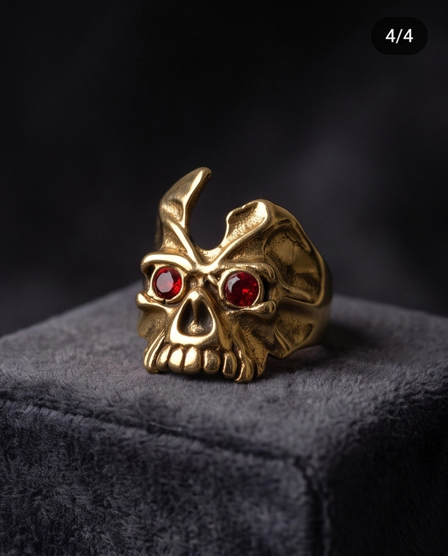 Ruby-Eyed Gothic Horned Skull Gold Ring