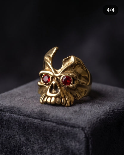 Ruby-Eyed Gothic Horned Skull Gold Ring