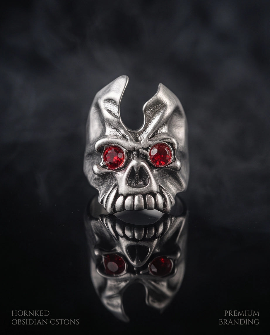 Ruby-Eyed Gothic Horned Skull Silver Ring