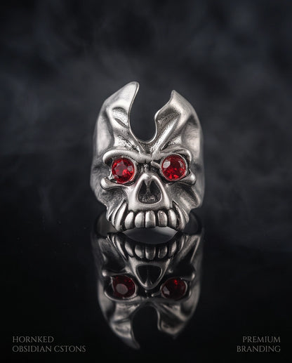Ruby-Eyed Gothic Horned Skull Silver Ring