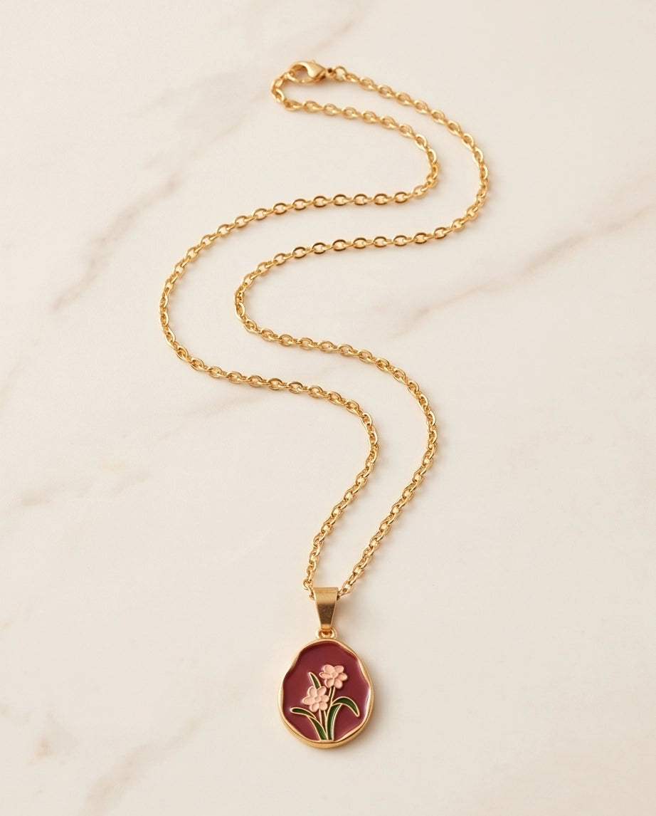 Gold Pink Floral Enamel Medallion Chain Necklace