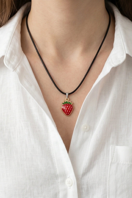 Gold and Red Strawberry Pendant Necklace