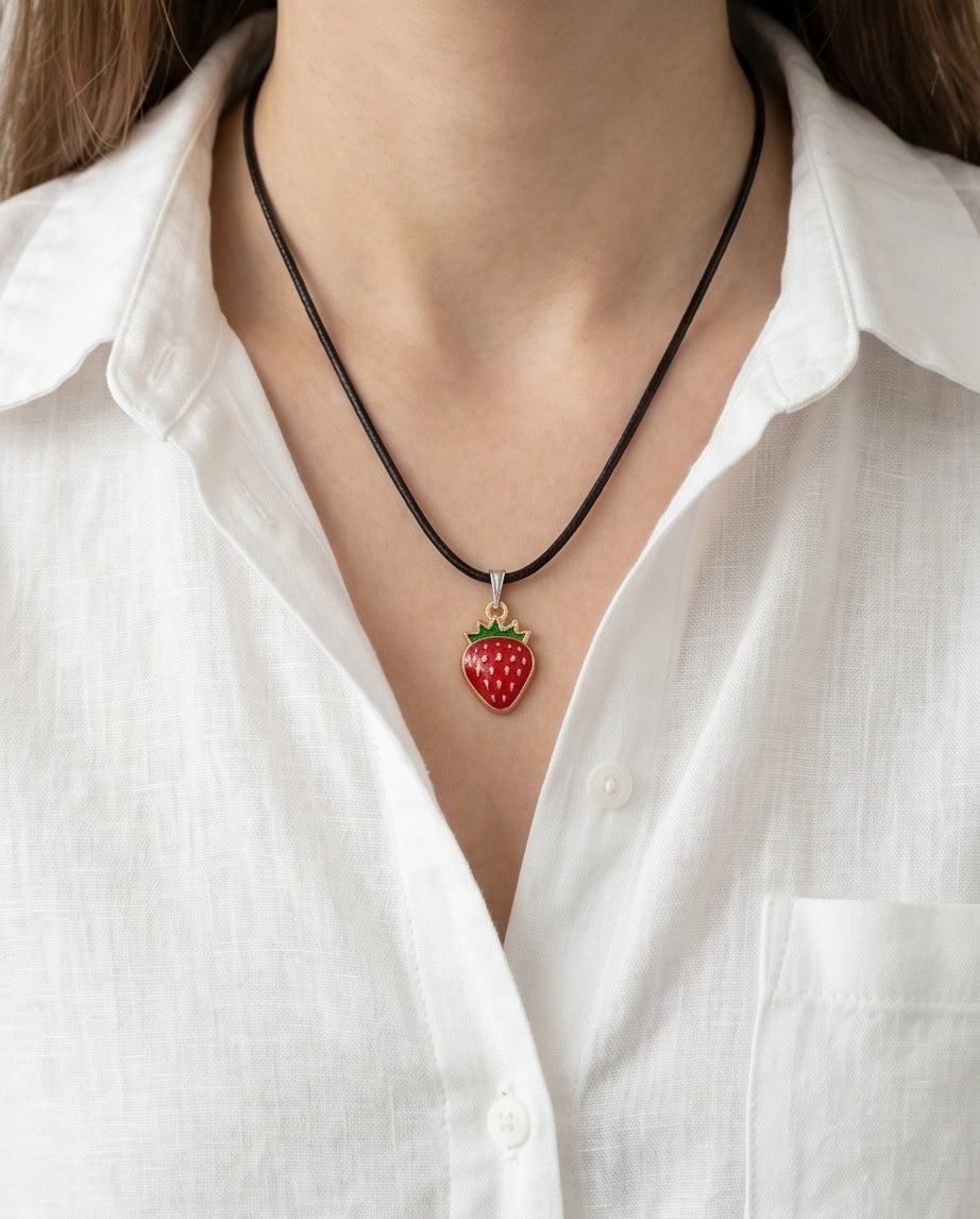 Gold and Red Strawberry Pendant Necklace