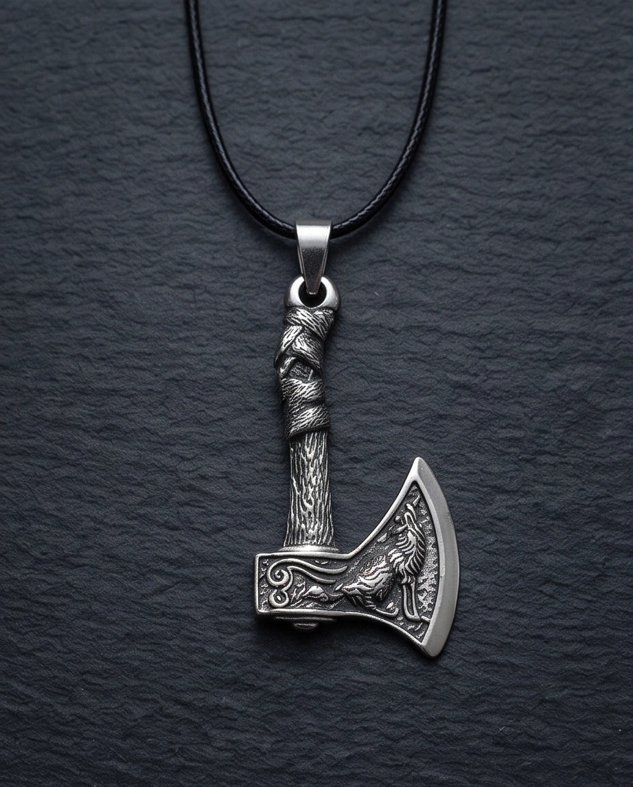 Silver Viking Axe Wolf Pendant Necklace