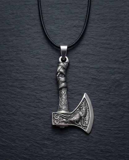 Silver Viking Axe Wolf Pendant Necklace