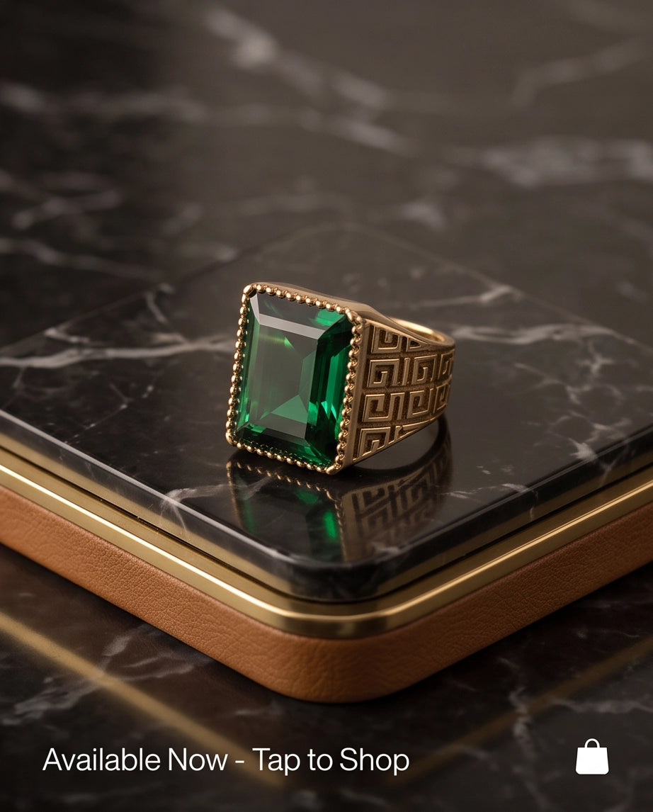 Emerald Cut Beaded-Rim Greek Key Gold Ring