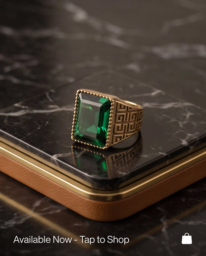 Emerald Cut Beaded-Rim Greek Key Gold Ring