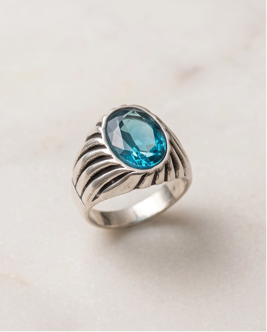 Teal Oval-Cut Gemstone Fluted Cable-Texture Silver Ring