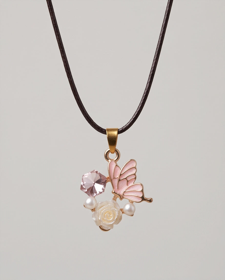 Gold Pink Enamel Butterfly & Pearl Rose Cluster Pendant Necklace