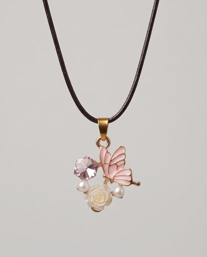 Gold Pink Enamel Butterfly & Pearl Rose Cluster Pendant Necklace