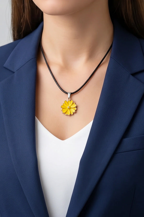 Vibrant Yellow Sunflower Enamel Pendant Necklace with Crystal Accent