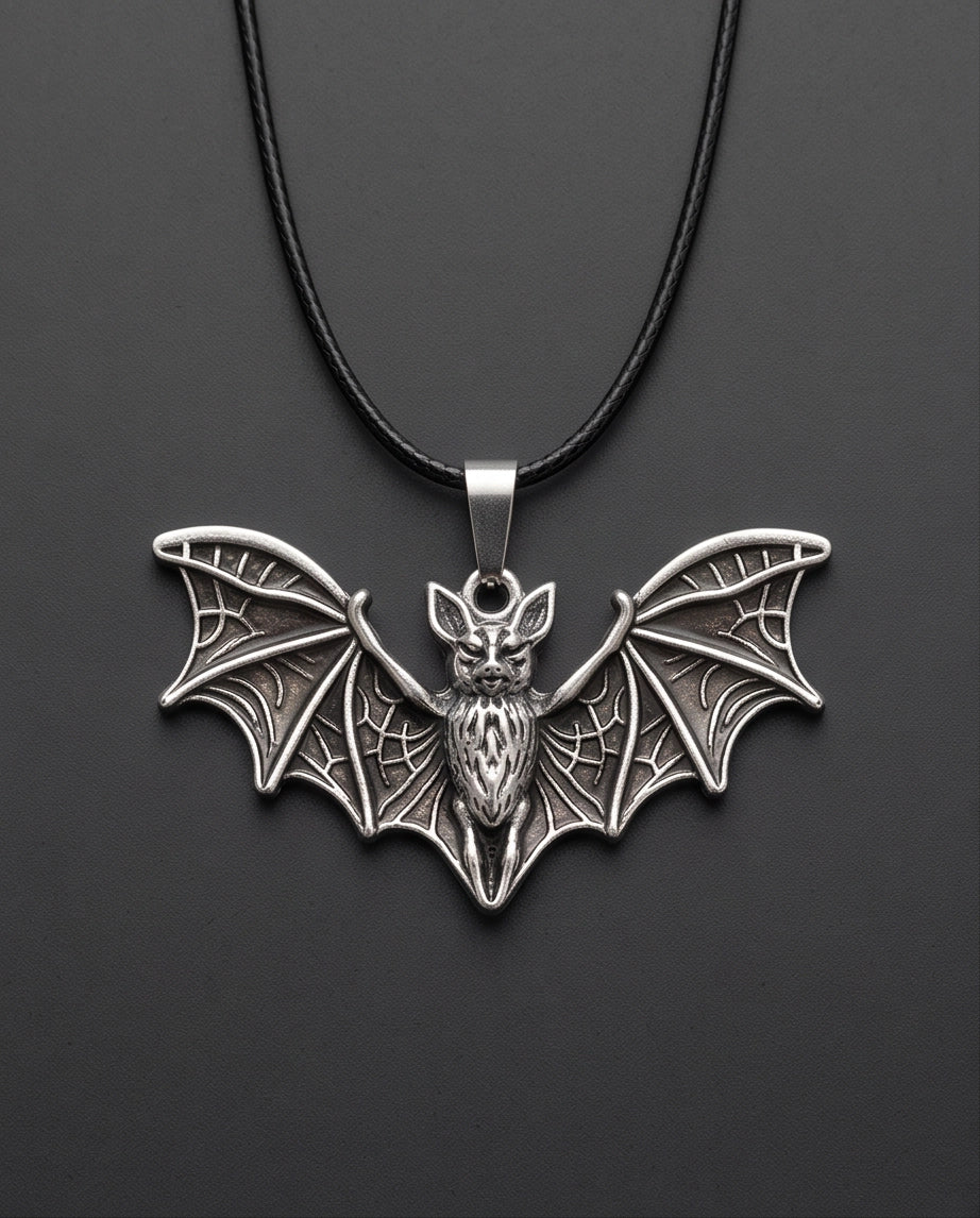 Silver Oxidized Flying Bat Pendant Necklace