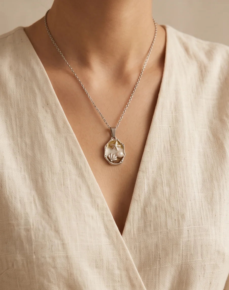 Silver Gold Seashell Starfish Pearl Enamel Medallion Chain Necklace