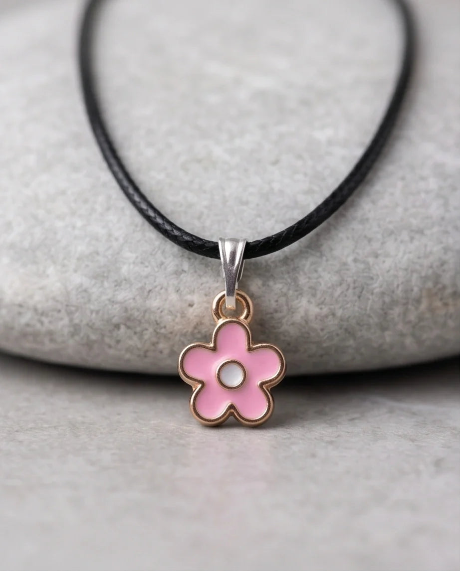 Dainty Pink Five-Petal Flower Enamel Pendant Necklace