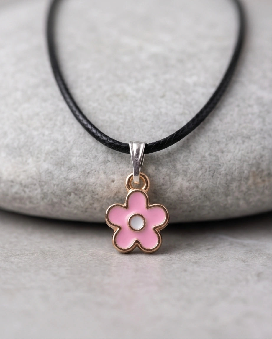 Dainty Pink Five-Petal Flower Enamel Pendant Necklace