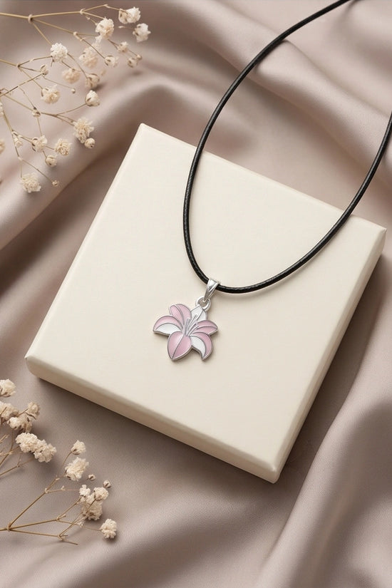 Elegant Pastel Pink and White Lily Enamel Pendant Necklace