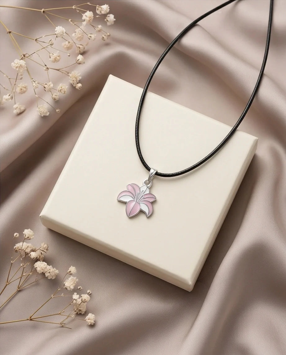 Elegant Pastel Pink and White Lily Enamel Pendant Necklace