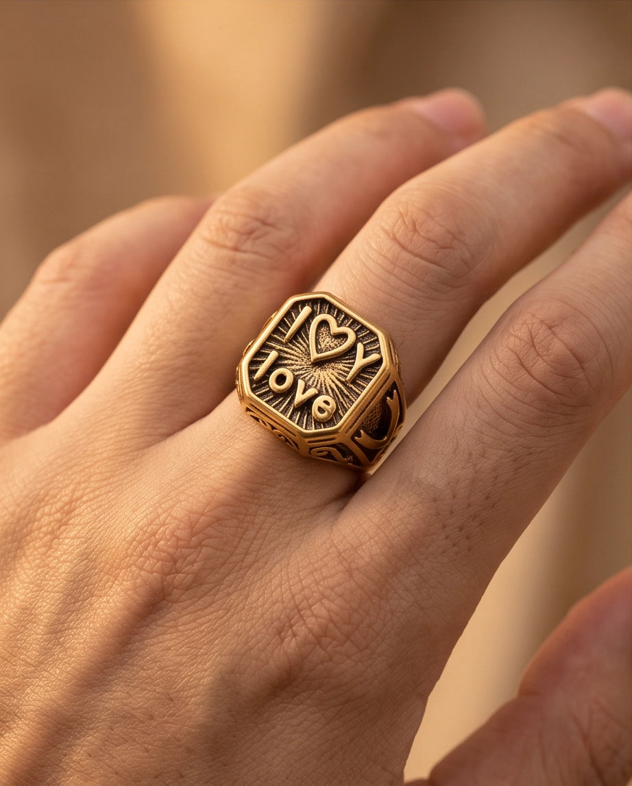 Sunburst "I Love" Gold Signet Ring