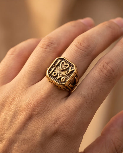 Sunburst "I Love" Gold Signet Ring