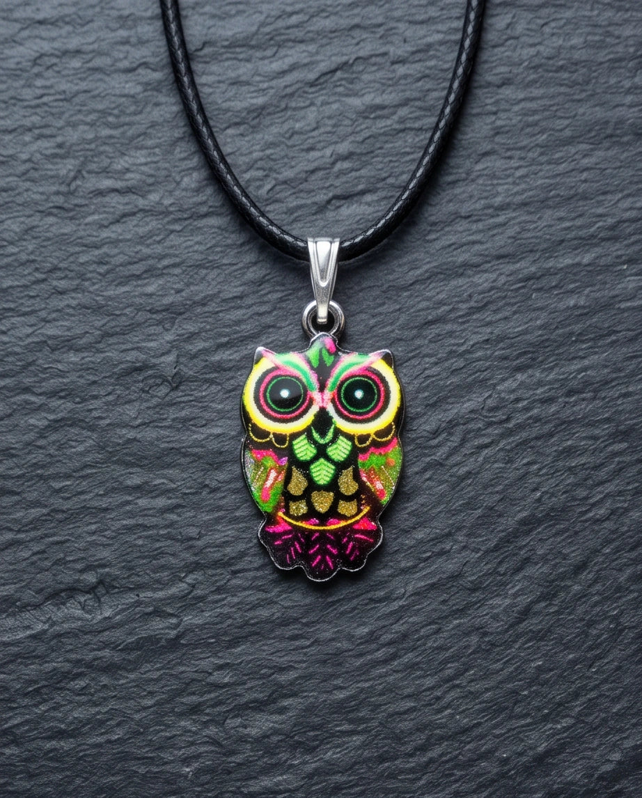 Neon Cyberpunk Owl Totem Pendant Necklace