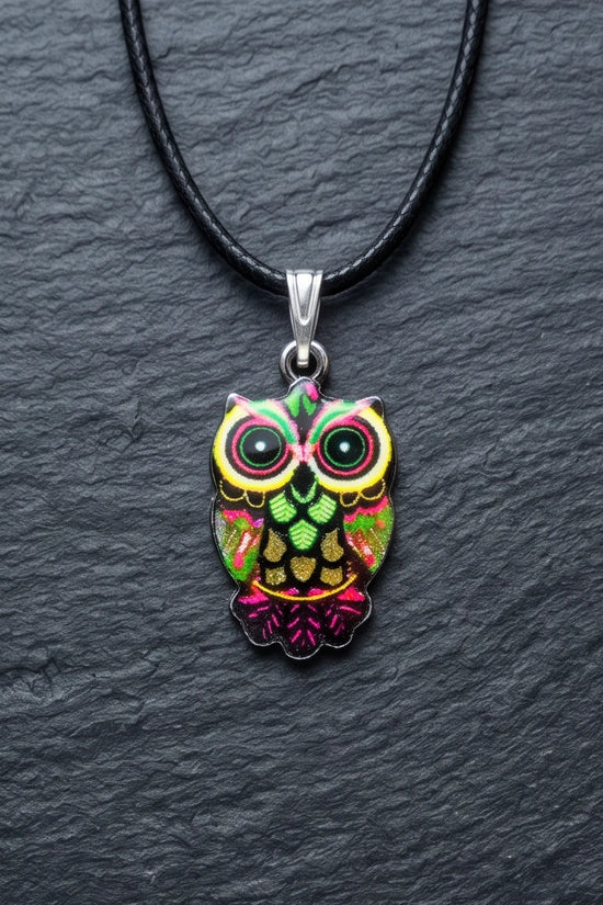 Neon Cyberpunk Owl Totem Pendant Necklace