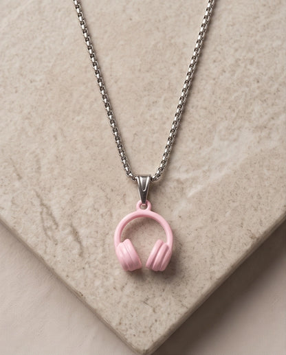Pastel Pink Headphones Enamel Pendant Necklace