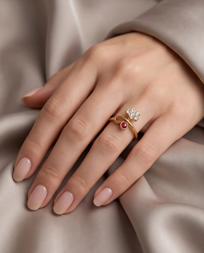 Crystal Flower & Ruby Accent Bow Ring