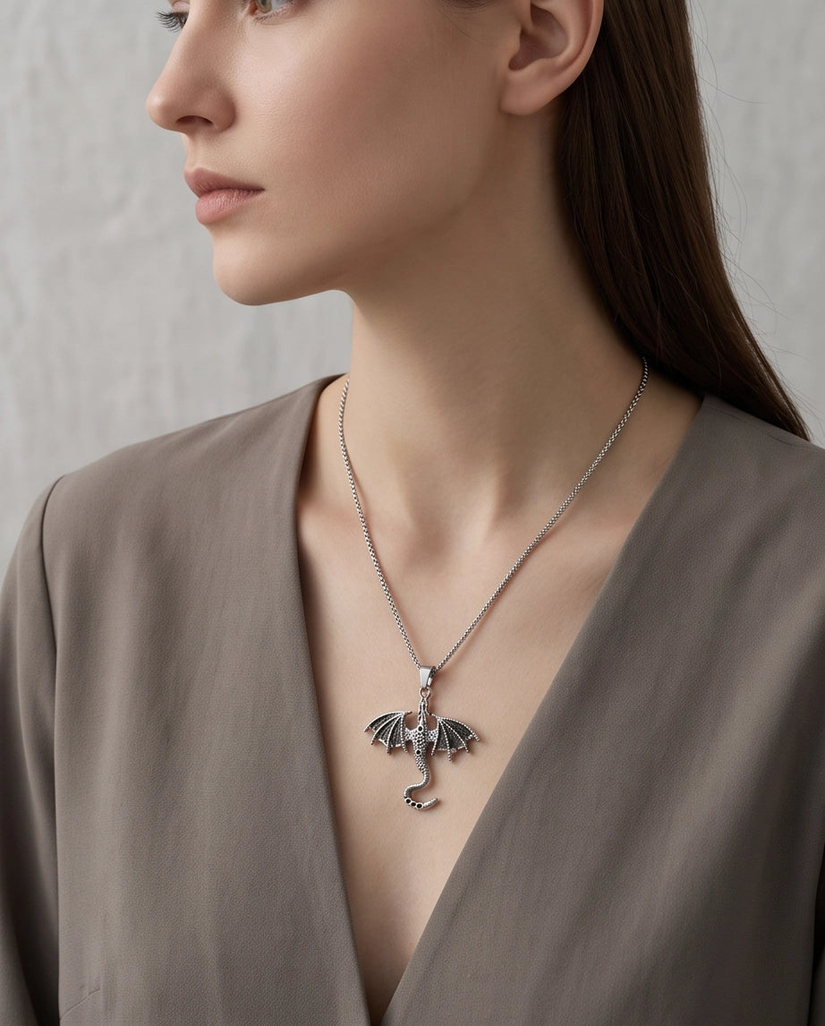 Silver Oxidized Dragon Wyvern Pendant Necklace