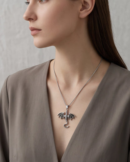 Silver Oxidized Dragon Wyvern Pendant Necklace