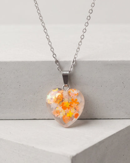 Silver Peach Orange Glitter Heart Resin Pendant Necklace