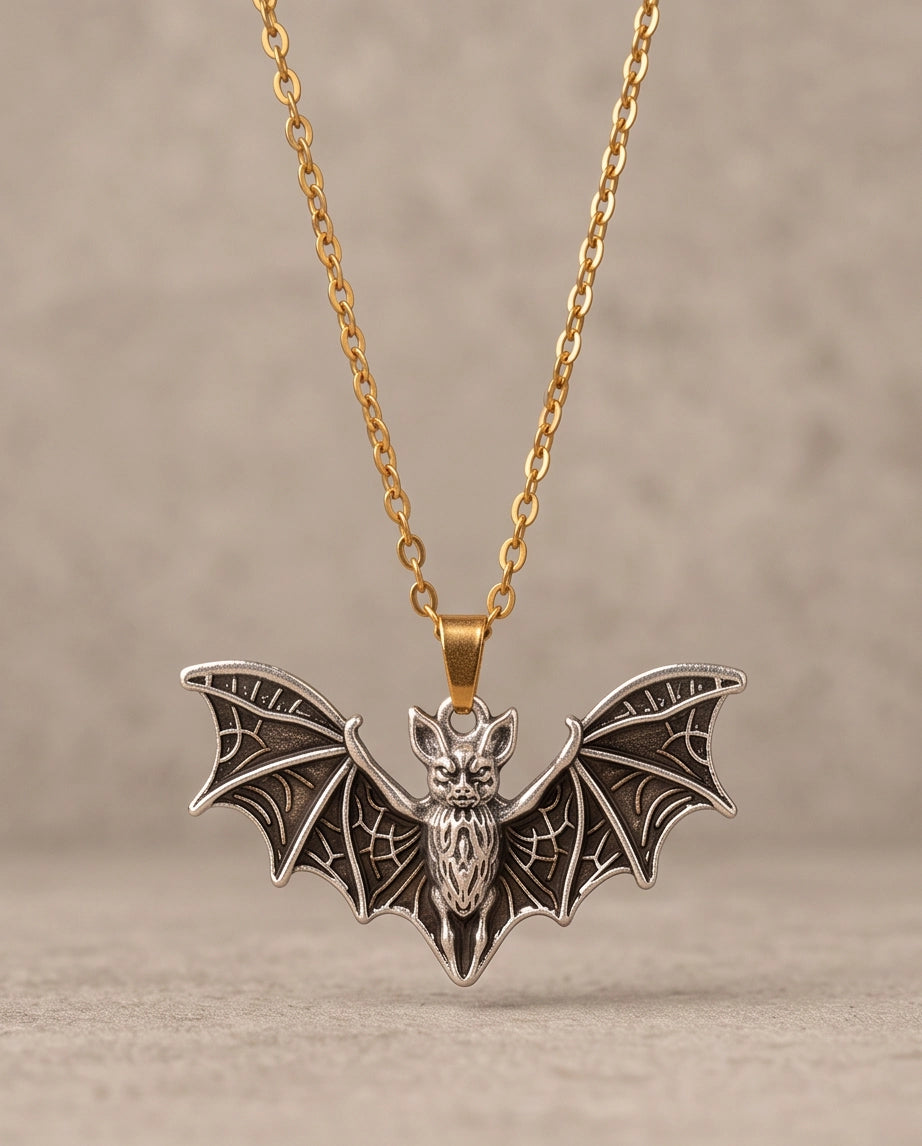 Silver Oxidized Flying Bat Pendant Necklace
