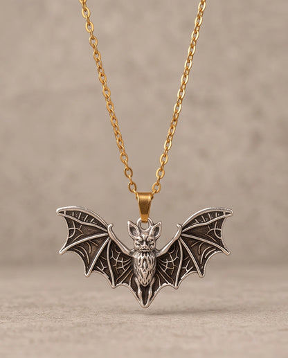 Silver Oxidized Flying Bat Pendant Necklace