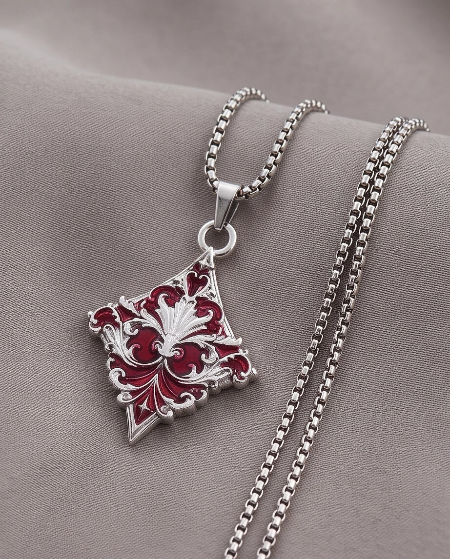 Silver Red Enamel Filigree Diamond Pendant Necklace