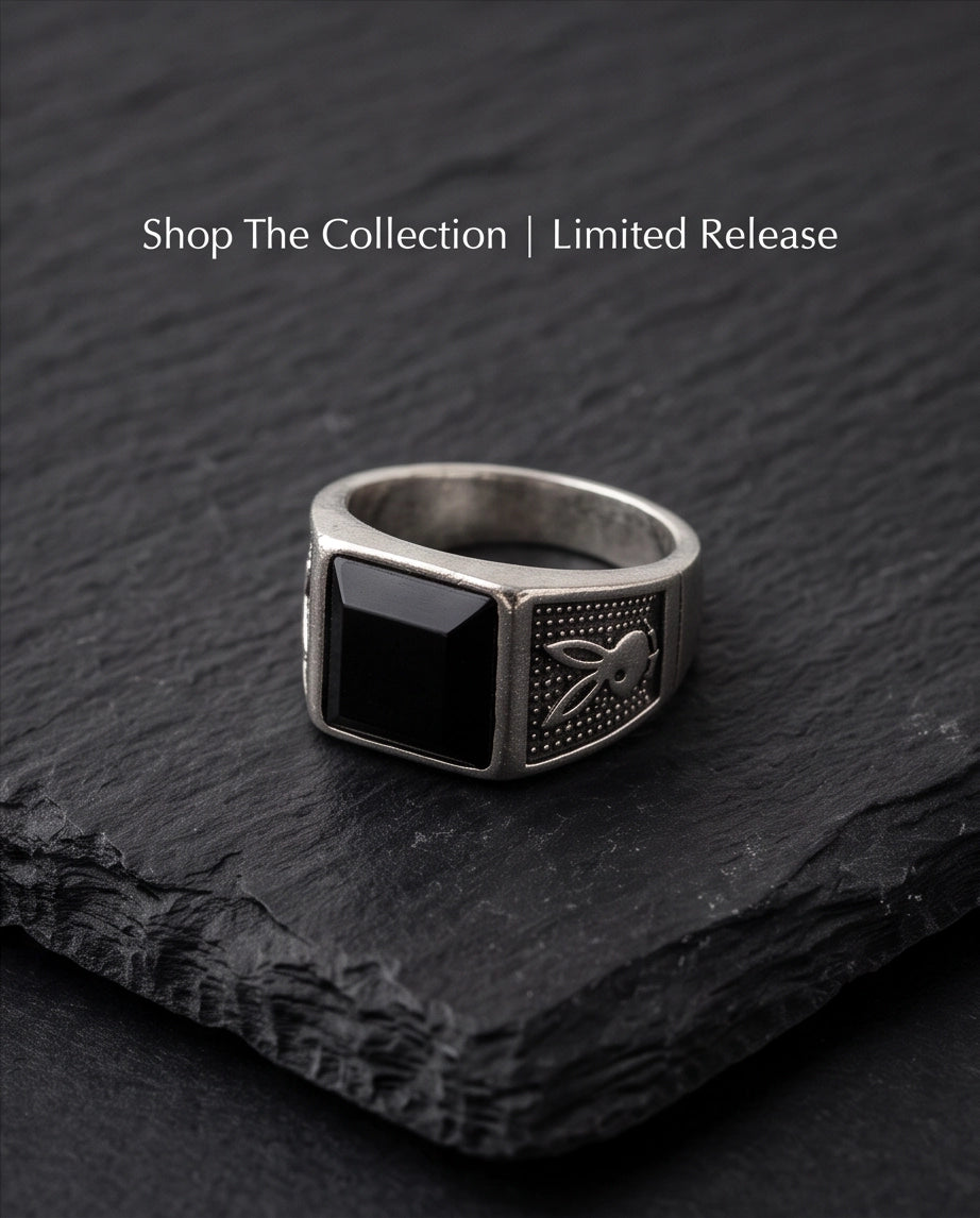 Pyramid Cut Onyx-Style Bunny Motif Stippled Silver Ring