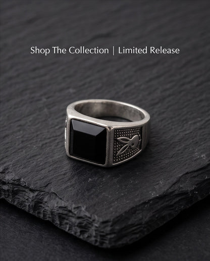 Pyramid Cut Onyx-Style Bunny Motif Stippled Silver Ring